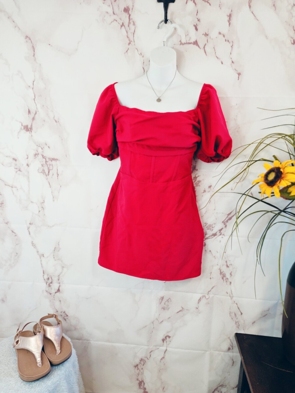 Hollister Red Corset Seam Puff Sleeve Mini Dress Side Zip Medium - Picture 2 of 6